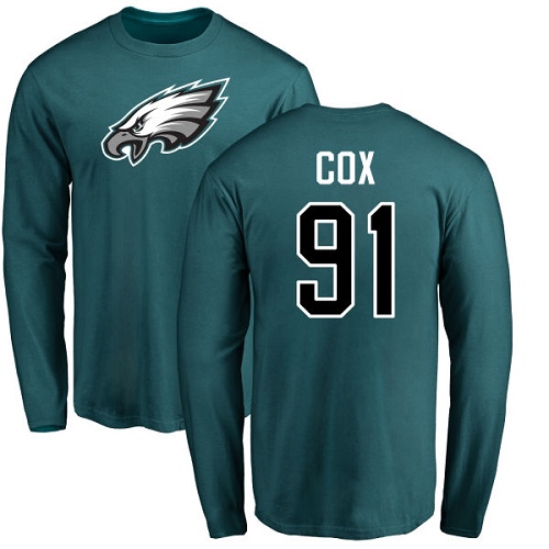 Men Philadelphia Eagles #91 Fletcher Cox Green Name and Number Logo Long Sleeve NFL T Shirt